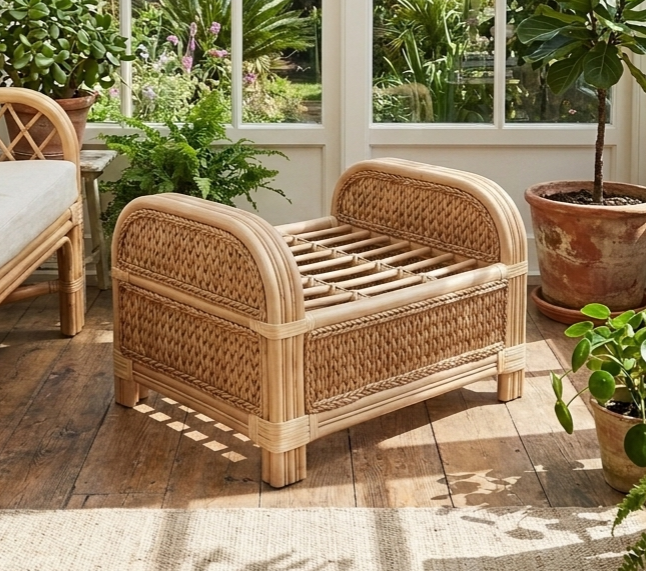 Stunning Woven Cane & Rattan Ottoman / Boho Coffee Table / Bench