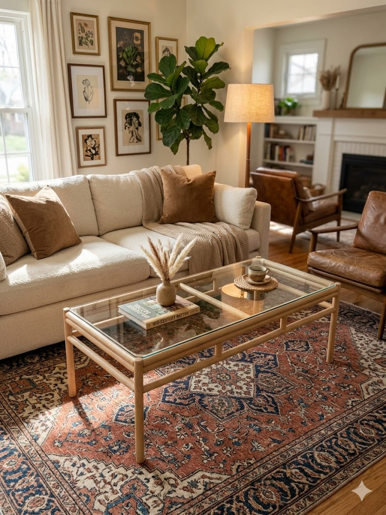Mid-Century Modern Premium Rattan Glass Top Coffee Table