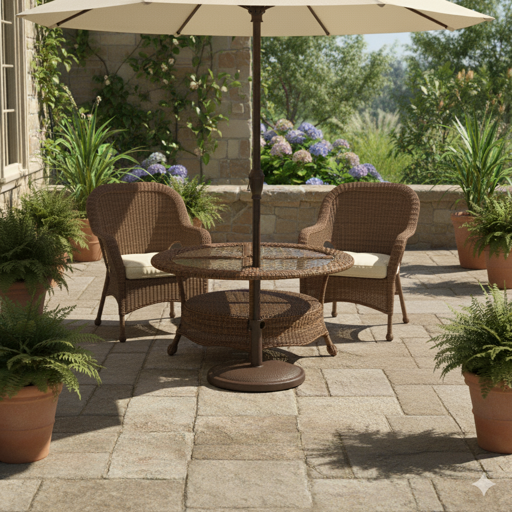 Rattan All-Weather Outdoor Dining Umbrella Table