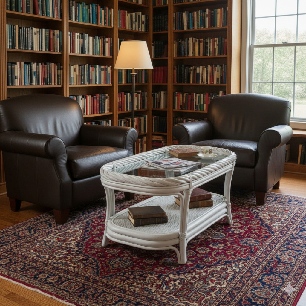 Elegant Oval White Rattan Coffee Table with Glass Top