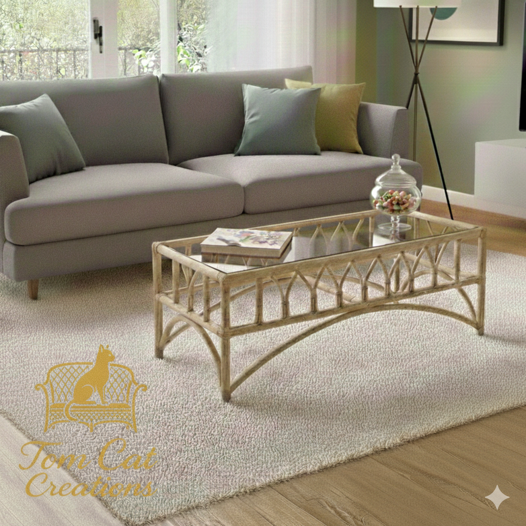 Natural Rattan Boho Glass Top Coffee Table