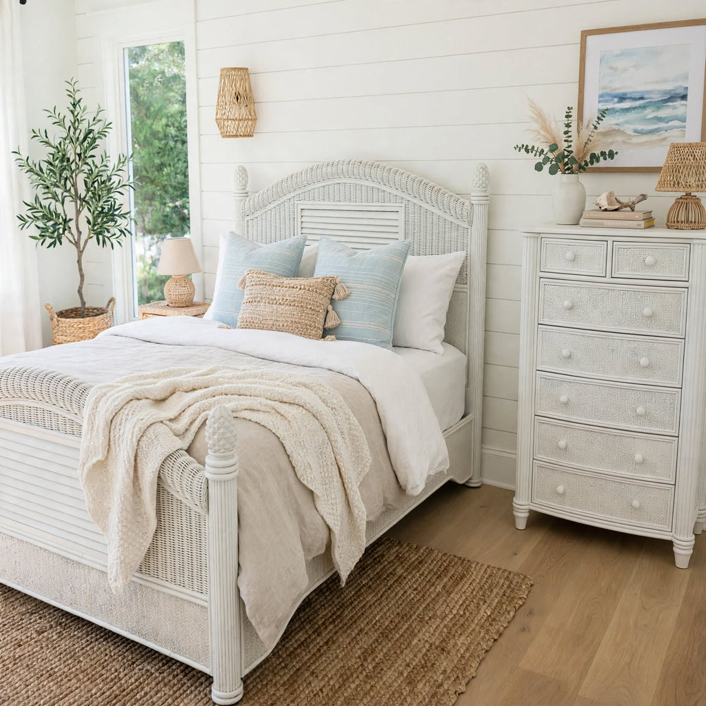 White Premium Rattan/Wicker Queen Size Bed Frame & Tallboy Set