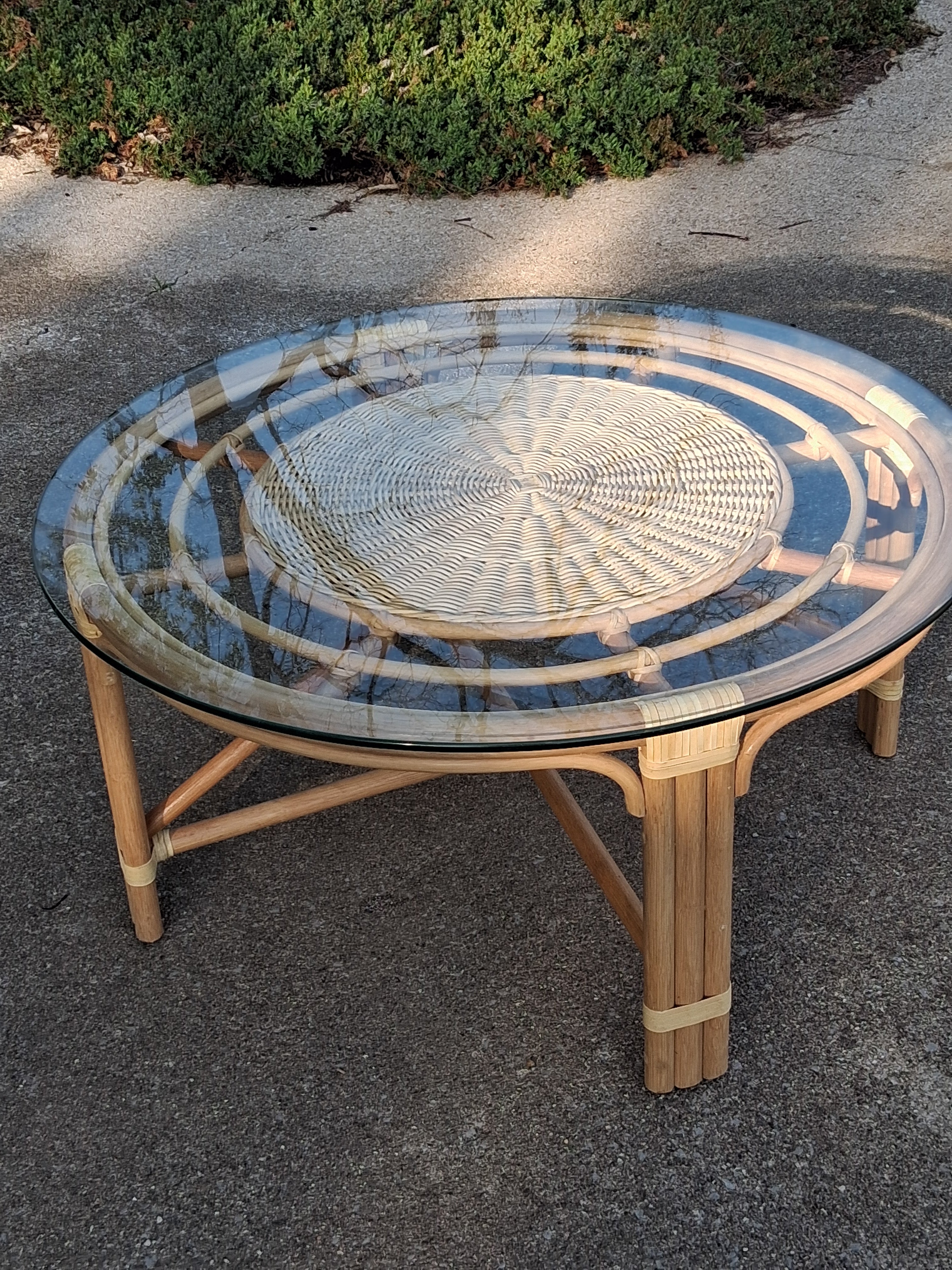 Round Glass Top Rattan Coffee Table