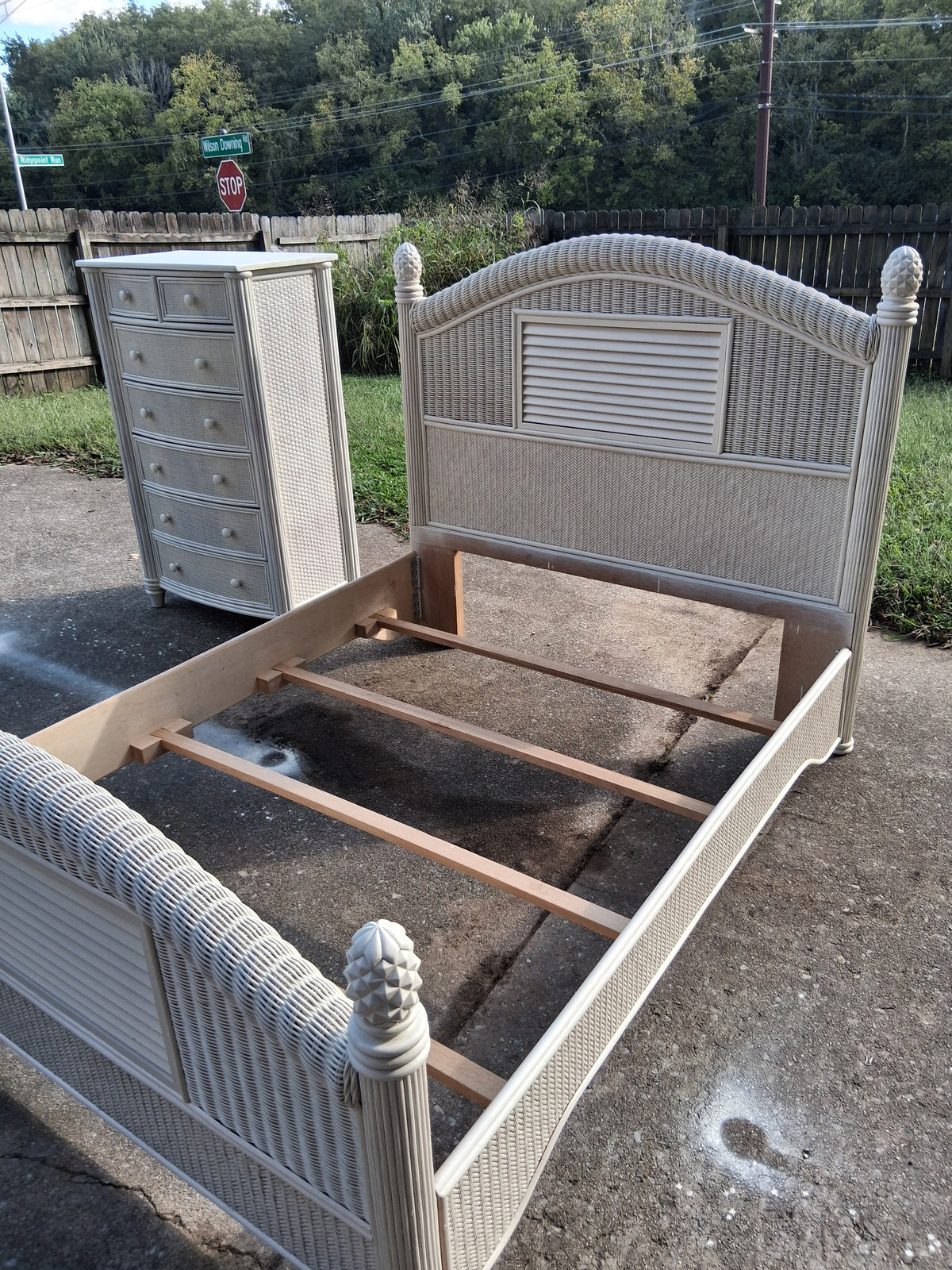 White Premium Rattan/Wicker Queen Size Bed Frame & Tallboy Set