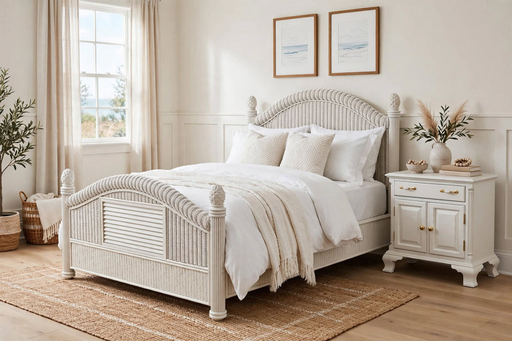 NEW Queen Size Rattan/Wicker Bed Frame + Refurbished Nightstand Set