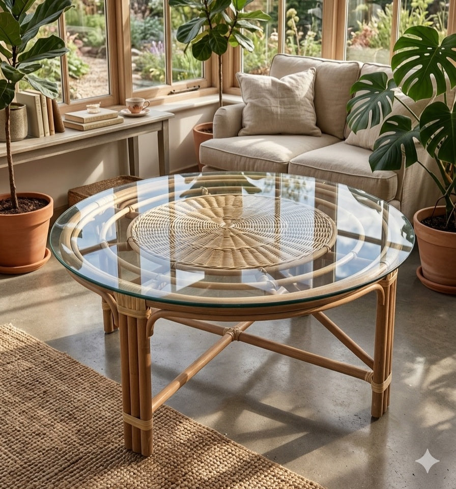Round Glass Top Rattan Coffee Table