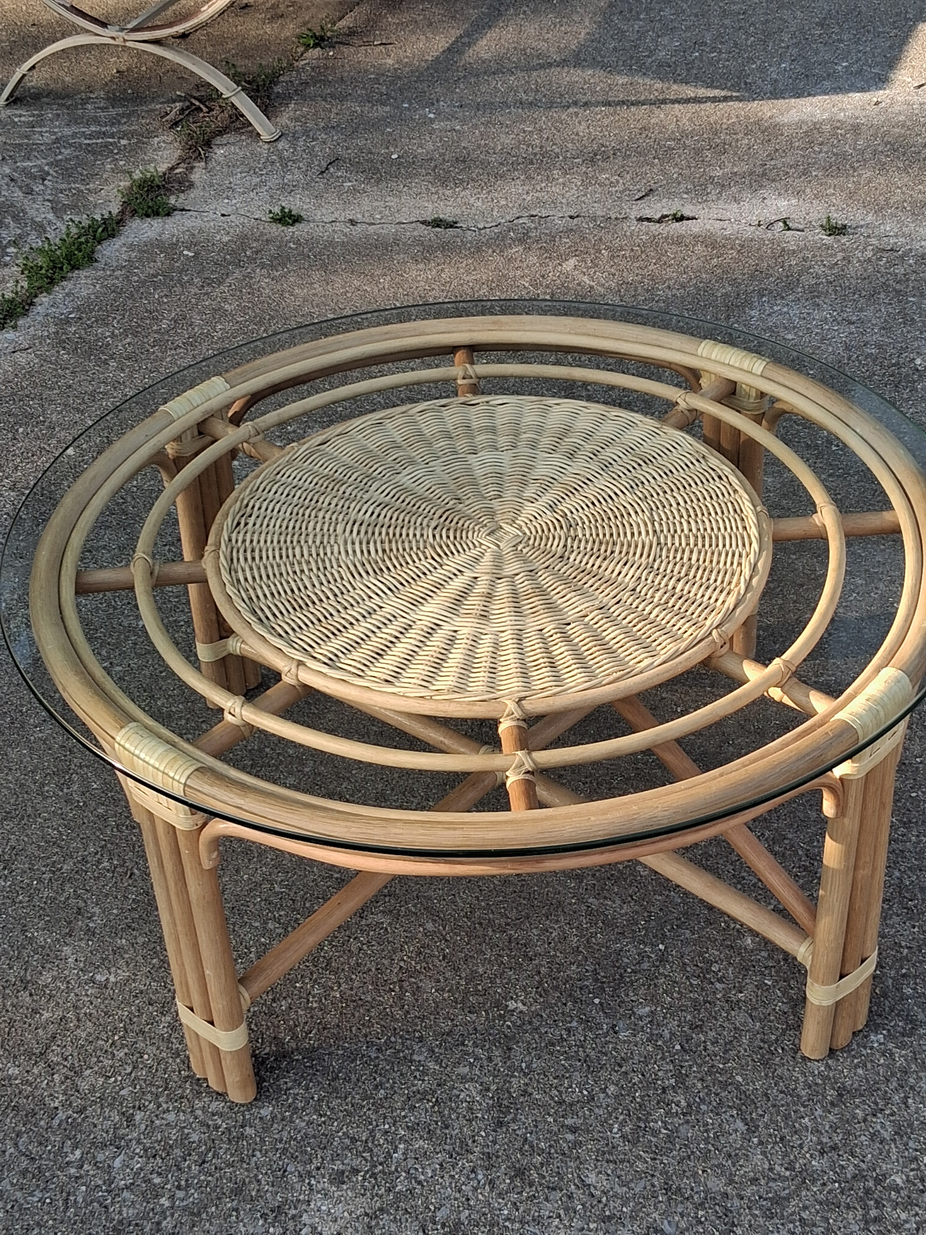 Round Glass Top Rattan Coffee Table