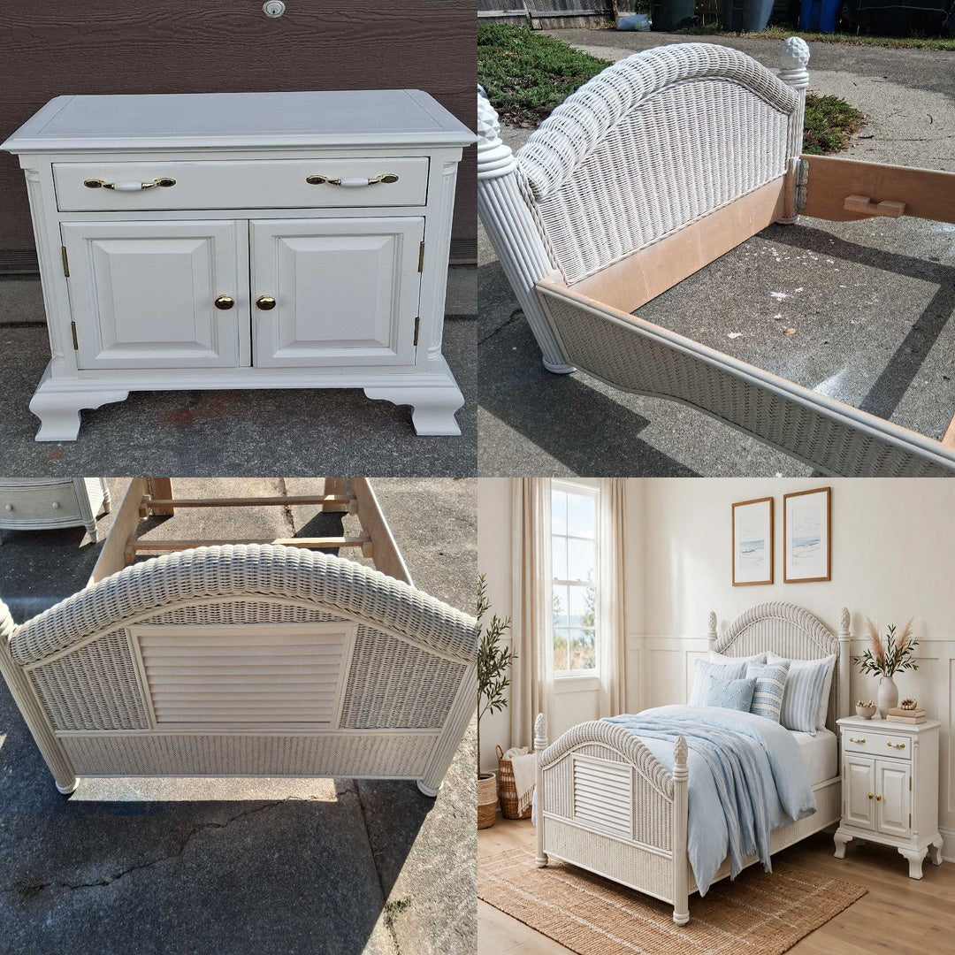 NEW Queen Size Rattan/Wicker Bed Frame + Refurbished Nightstand Set