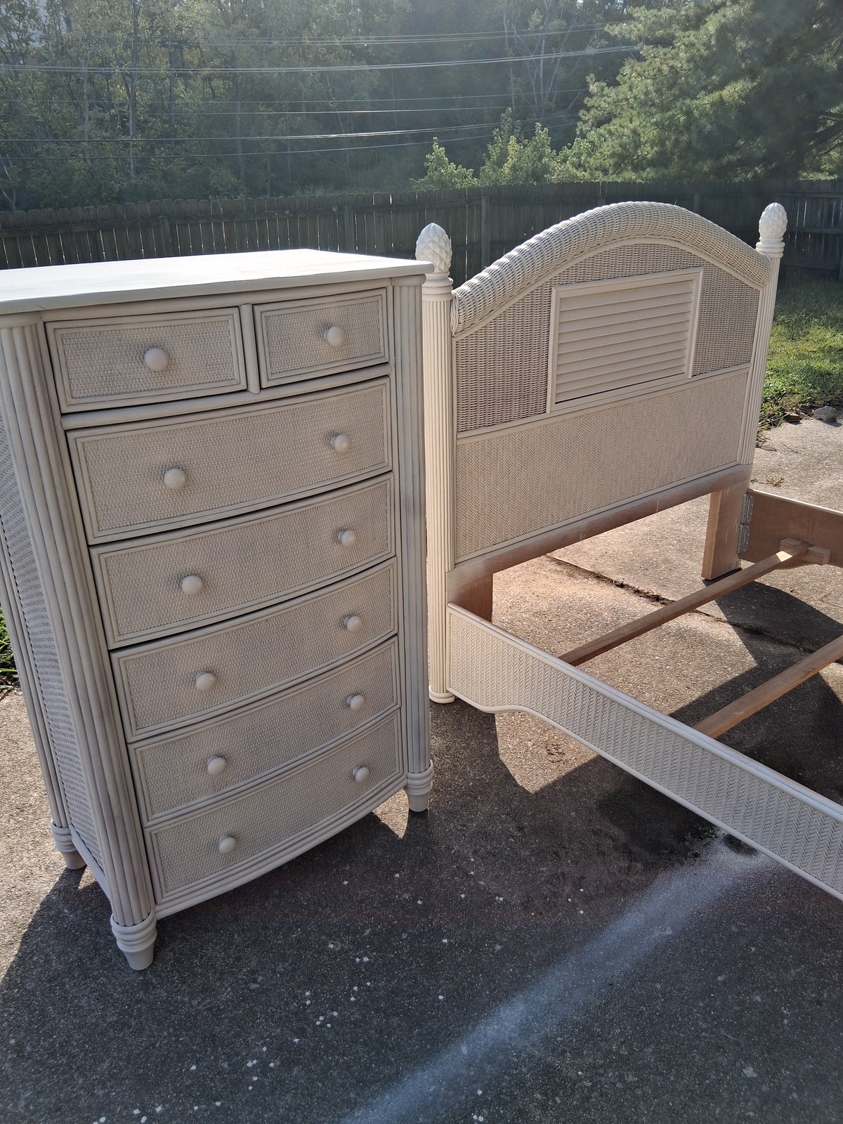 White Premium Rattan/Wicker Queen Size Bed Frame & Tallboy Set