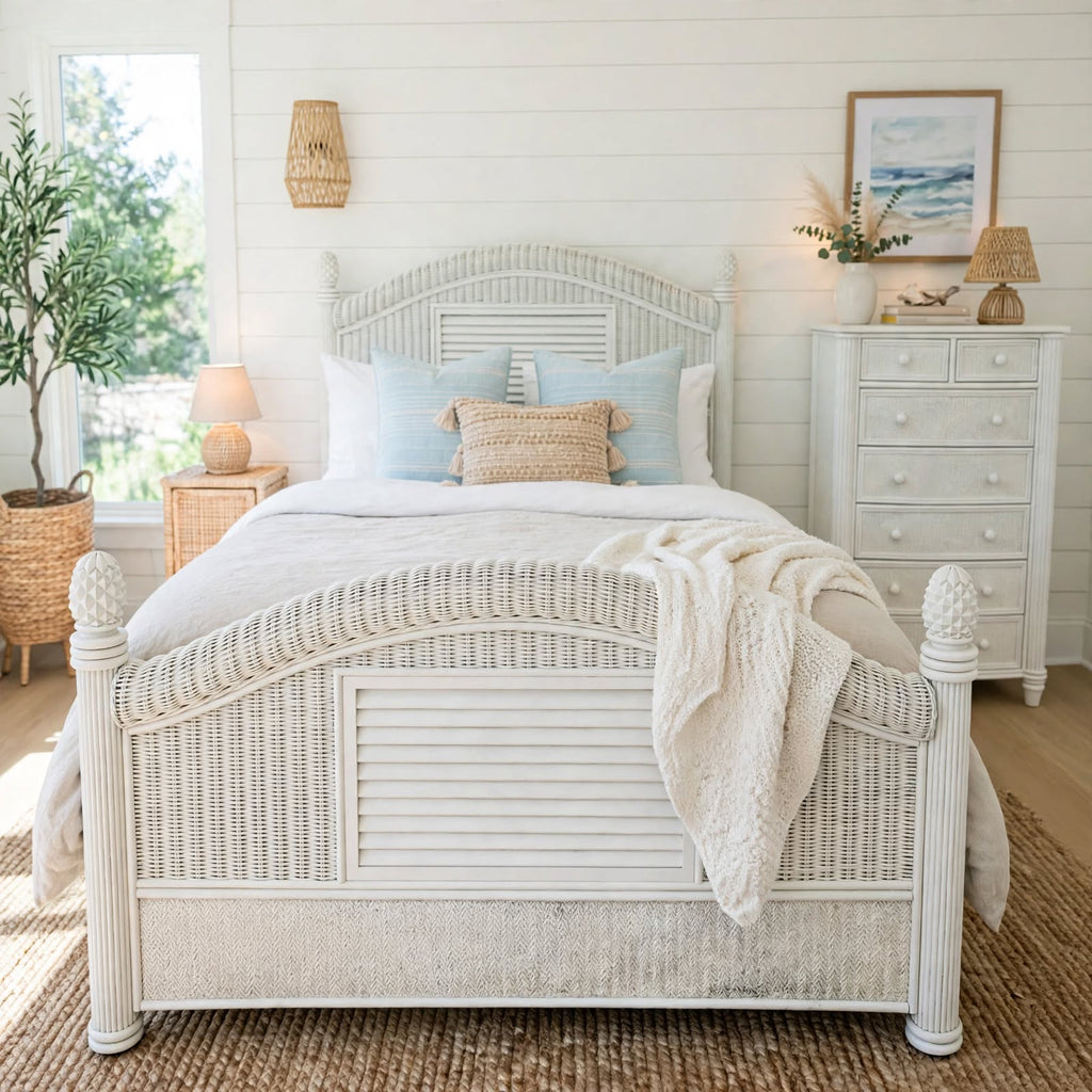 White Premium Rattan/Wicker Queen Size Bed Frame & Tallboy Set