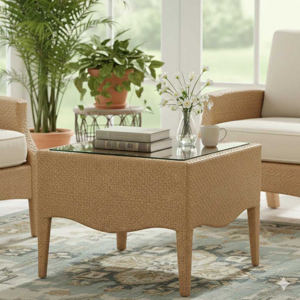 Square Rattan Glass Top Coffee Table
